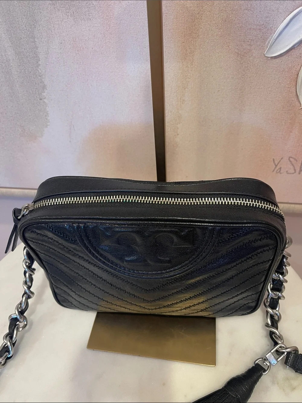 Tory Burch Black Leather Chevron Crossbody with Tassel